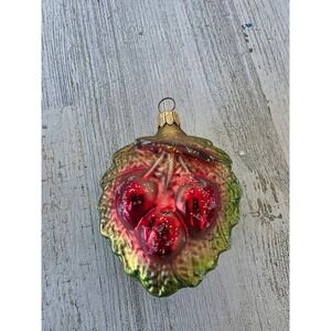 Vintage radko‎ Cherry glitter leaf glass ornament glitter Xmas tree